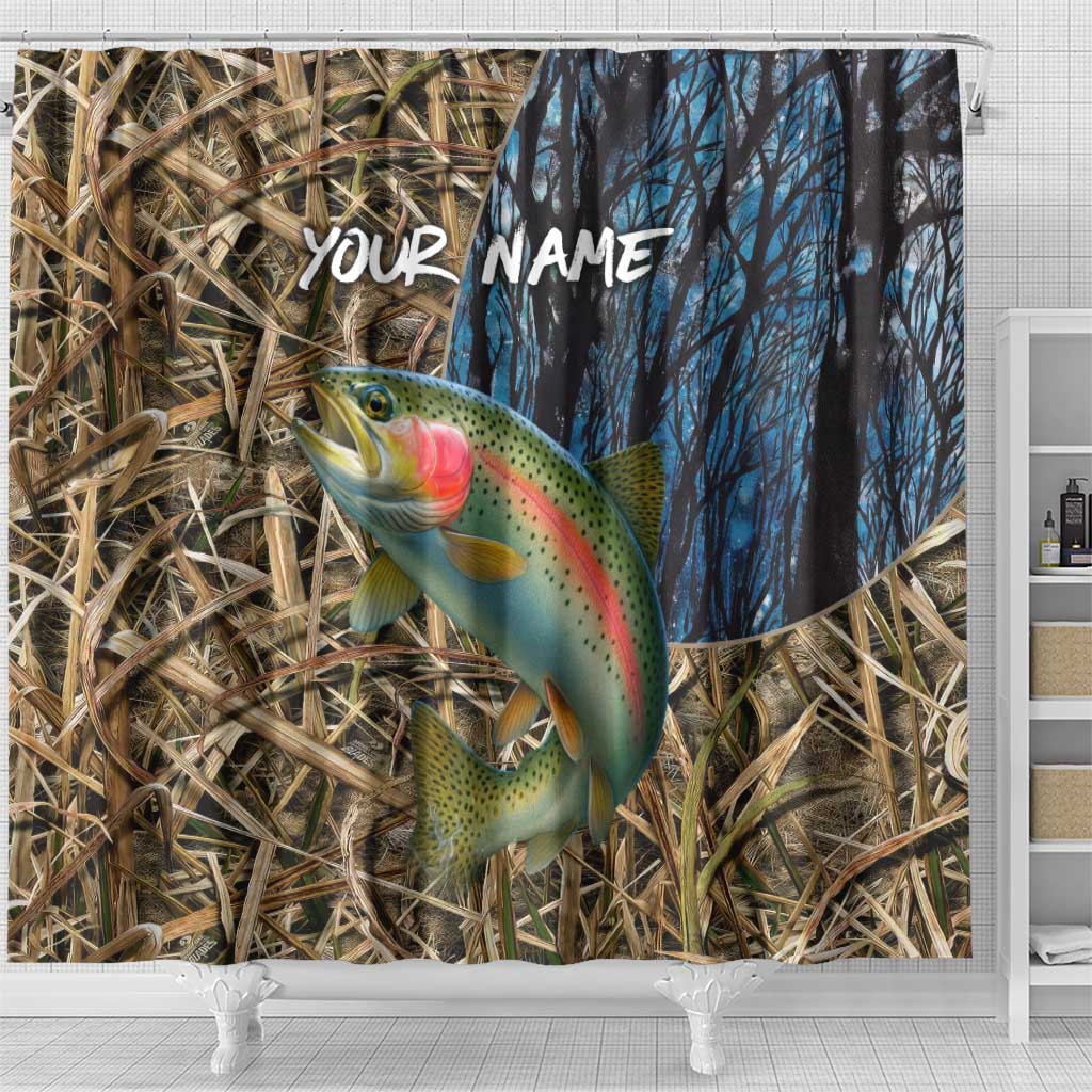 Rainbow Trout Fishing Shower Curtain with Camouflage Reeds and Forest Background in Nature-Inspired Colors - Wonder Print Shop