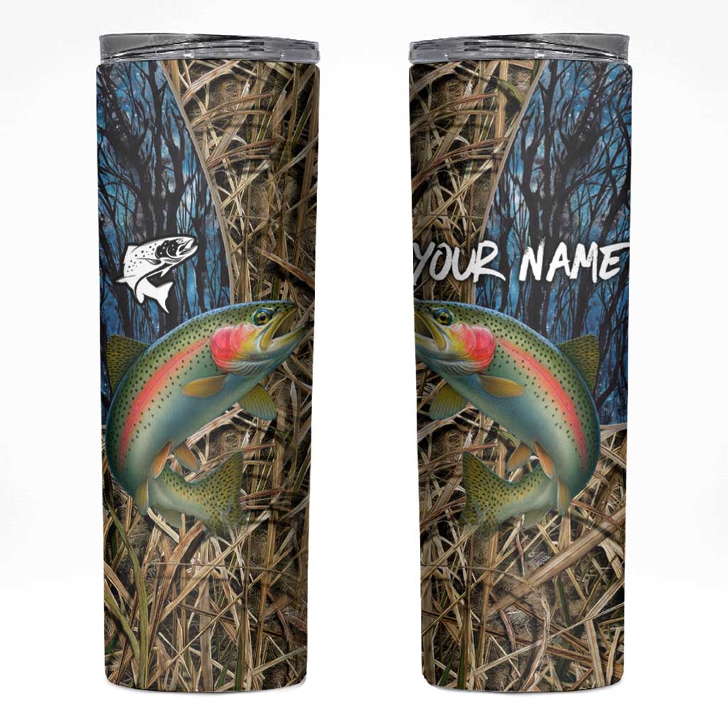 Rainbow Trout Fishing Skinny Tumbler with Camouflage Reeds and Forest Background in Nature-Inspired Colors - Wonder Print Shop