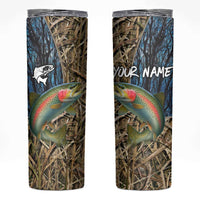 Rainbow Trout Fishing Skinny Tumbler with Camouflage Reeds and Forest Background in Nature-Inspired Colors - Wonder Print Shop