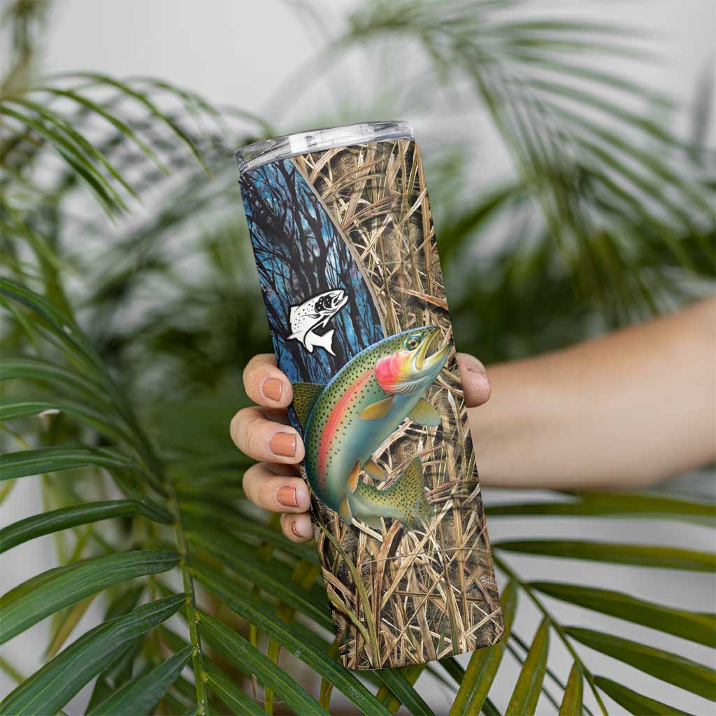 Rainbow Trout Fishing Skinny Tumbler with Camouflage Reeds and Forest Background in Nature-Inspired Colors - Wonder Print Shop