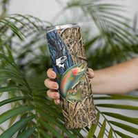 Rainbow Trout Fishing Skinny Tumbler with Camouflage Reeds and Forest Background in Nature-Inspired Colors - Wonder Print Shop