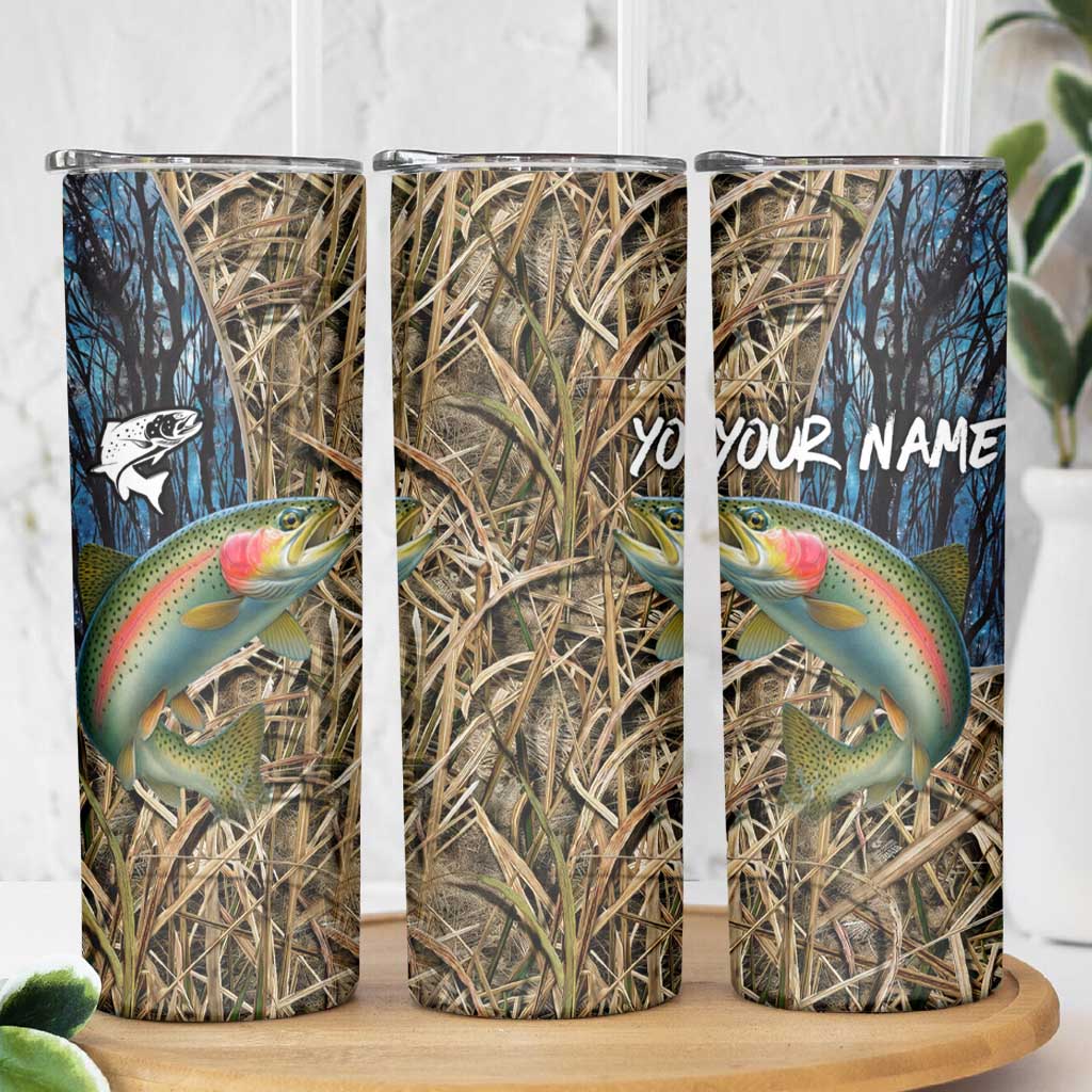 Rainbow Trout Fishing Skinny Tumbler with Camouflage Reeds and Forest Background in Nature-Inspired Colors - Wonder Print Shop