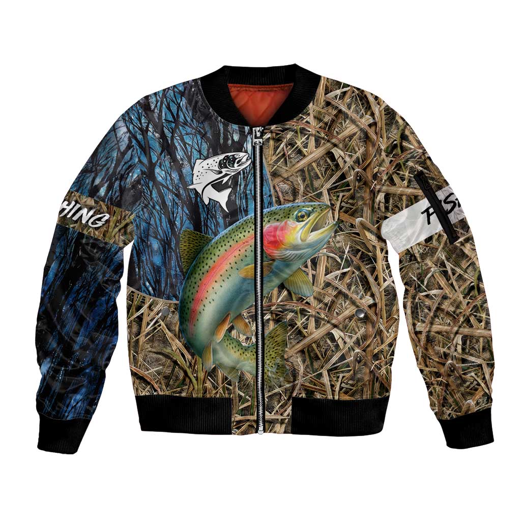 Rainbow Trout Fishing Sleeve Zip Bomber Jacket with Camouflage Reeds and Forest Background in Nature-Inspired Colors - Wonder Print Shop