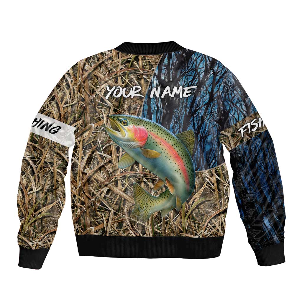 Rainbow Trout Fishing Sleeve Zip Bomber Jacket with Camouflage Reeds and Forest Background in Nature-Inspired Colors - Wonder Print Shop