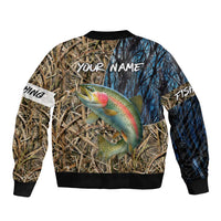 Rainbow Trout Fishing Sleeve Zip Bomber Jacket with Camouflage Reeds and Forest Background in Nature-Inspired Colors - Wonder Print Shop
