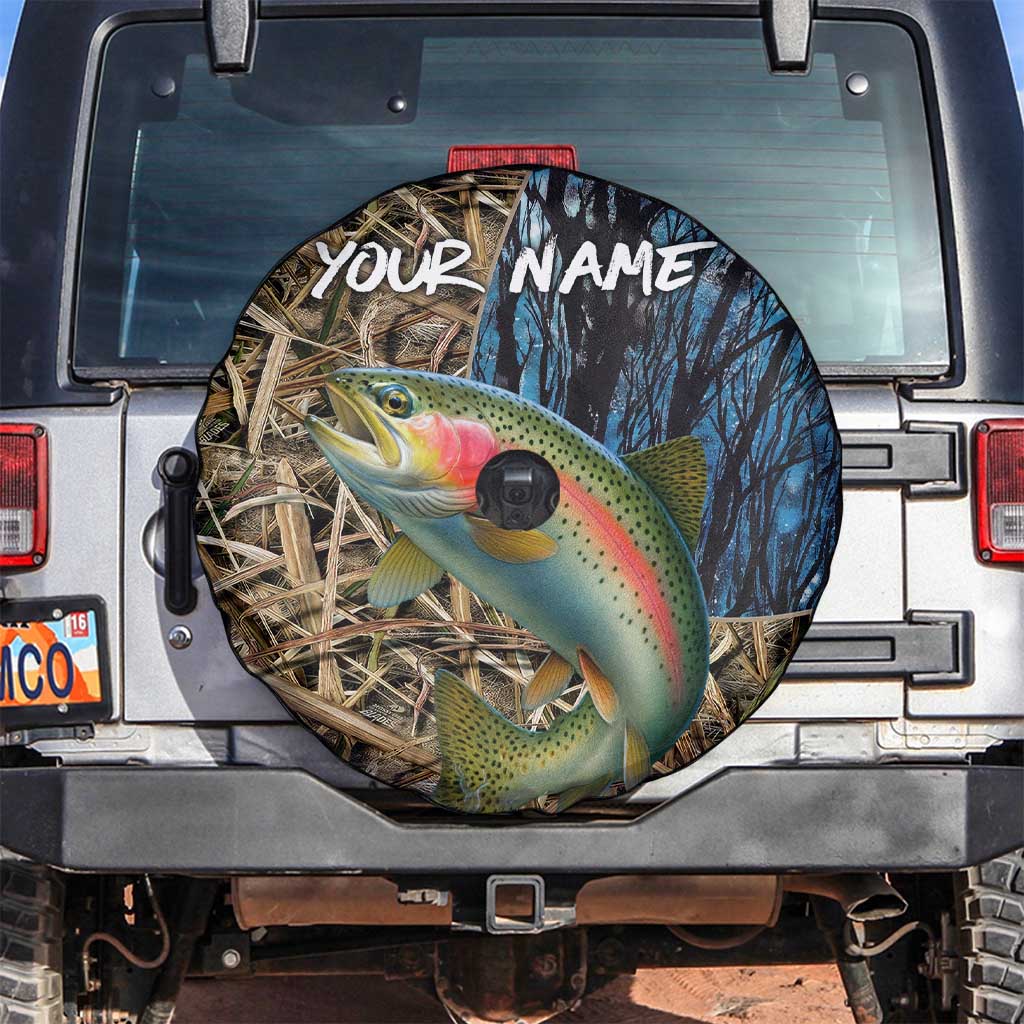 Rainbow Trout Fishing Spare Tire Cover with Camouflage Reeds and Forest Background in Nature-Inspired Colors - Wonder Print Shop