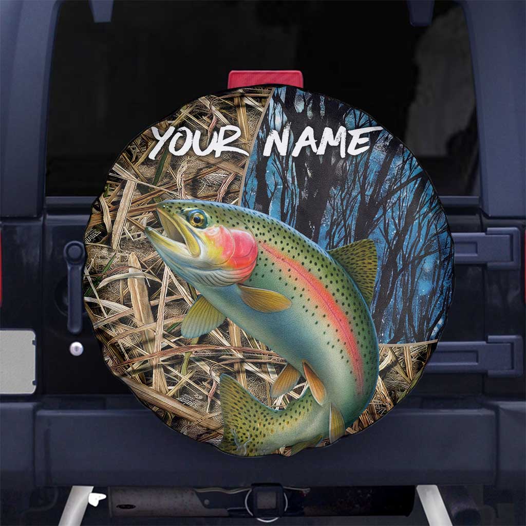 Rainbow Trout Fishing Spare Tire Cover with Camouflage Reeds and Forest Background in Nature-Inspired Colors - Wonder Print Shop