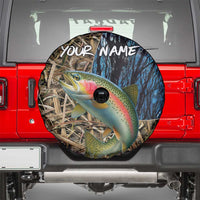 Rainbow Trout Fishing Spare Tire Cover with Camouflage Reeds and Forest Background in Nature-Inspired Colors - Wonder Print Shop