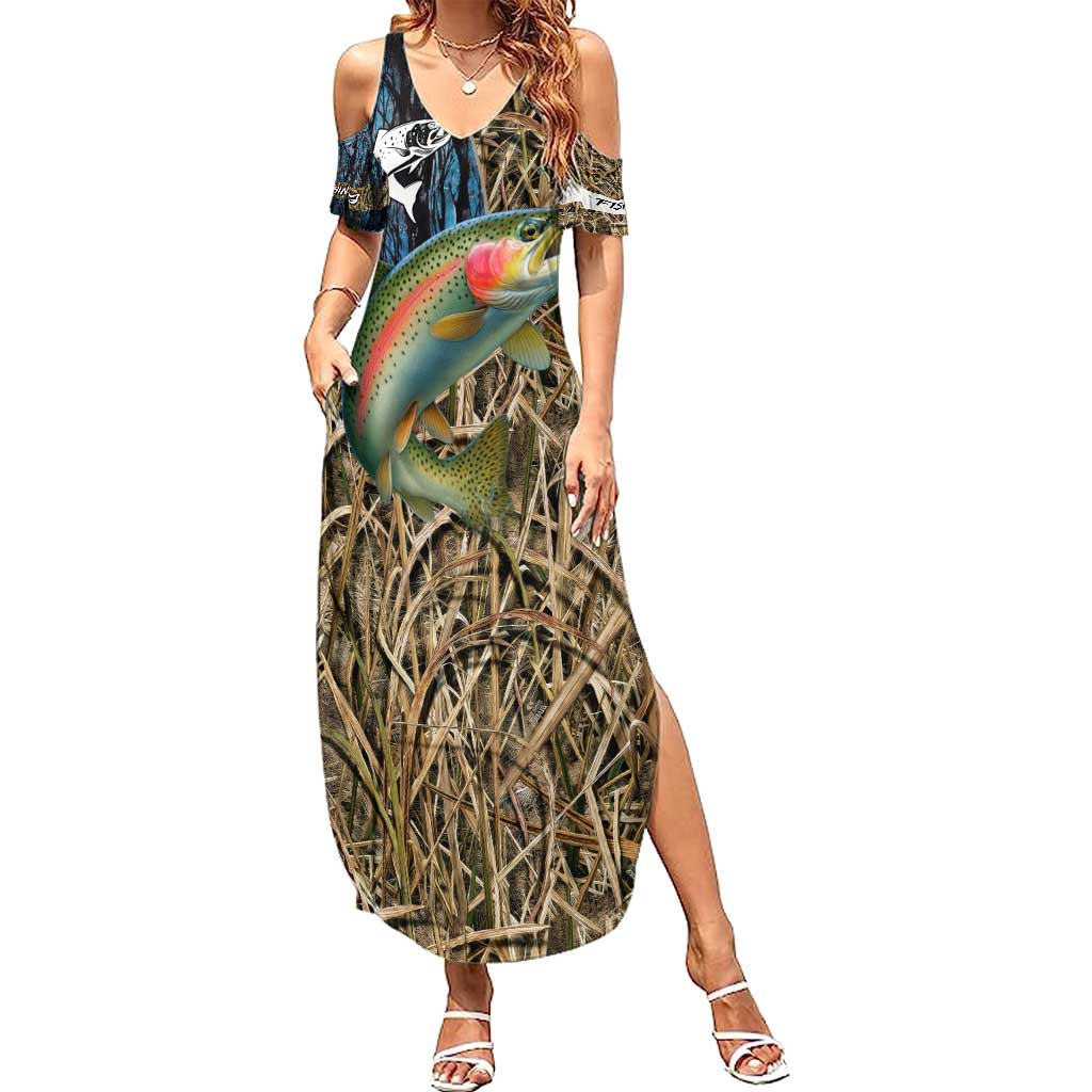 Rainbow Trout Fishing Summer Maxi Dress with Camouflage Reeds and Forest Background in Nature-Inspired Colors - Wonder Print Shop