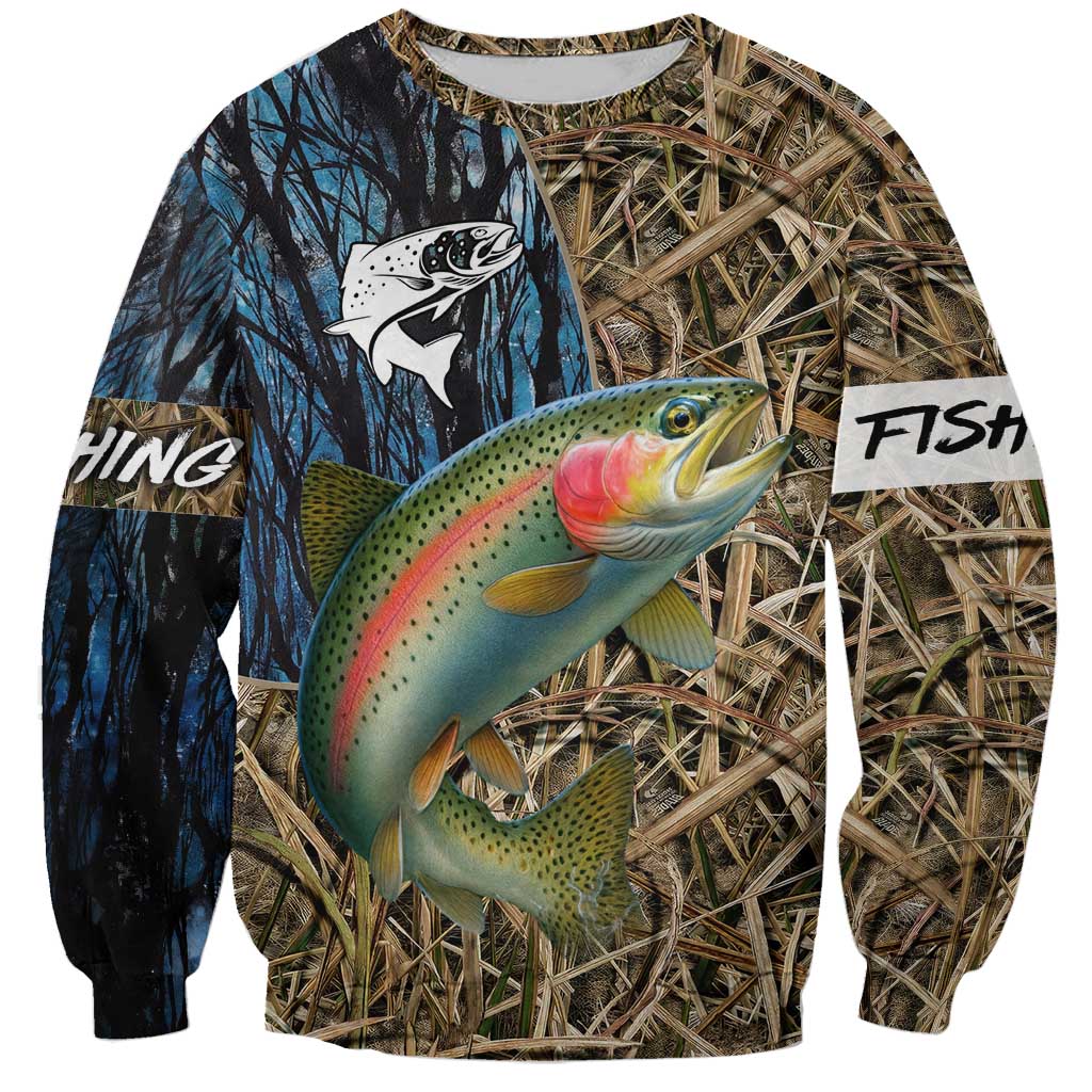 Rainbow Trout Fishing Sweatshirt with Camouflage Reeds and Forest Background in Nature-Inspired Colors - Wonder Print Shop