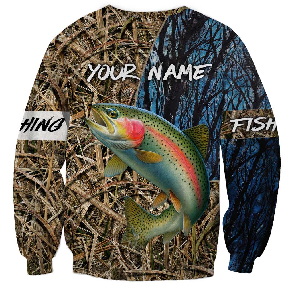 Rainbow Trout Fishing Sweatshirt with Camouflage Reeds and Forest Background in Nature-Inspired Colors - Wonder Print Shop
