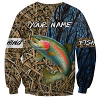 Rainbow Trout Fishing Sweatshirt with Camouflage Reeds and Forest Background in Nature-Inspired Colors - Wonder Print Shop