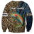 Rainbow Trout Fishing Sweatshirt with Camouflage Reeds and Forest Background in Nature-Inspired Colors - Wonder Print Shop