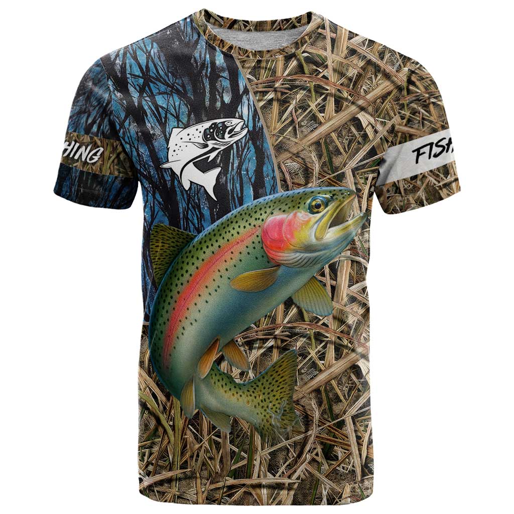 Rainbow Trout Fishing T Shirt with Camouflage Reeds and Forest Background in Nature-Inspired Colors - Wonder Print Shop