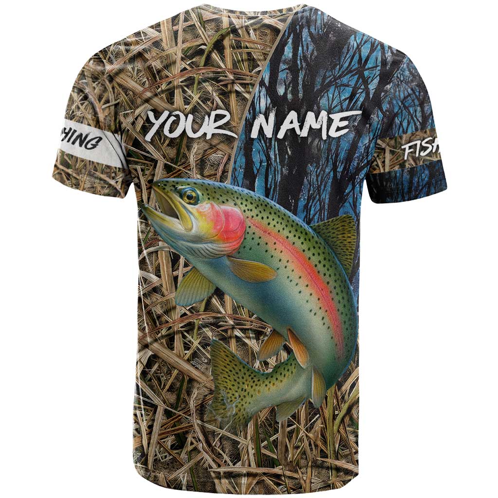 Rainbow Trout Fishing T Shirt with Camouflage Reeds and Forest Background in Nature-Inspired Colors - Wonder Print Shop