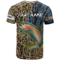 Rainbow Trout Fishing T Shirt with Camouflage Reeds and Forest Background in Nature-Inspired Colors - Wonder Print Shop