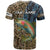 Rainbow Trout Fishing T Shirt with Camouflage Reeds and Forest Background in Nature-Inspired Colors - Wonder Print Shop