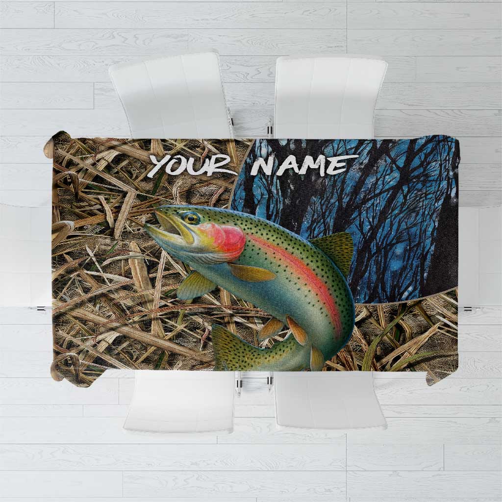 Rainbow Trout Fishing Tablecloth with Camouflage Reeds and Forest Background in Nature-Inspired Colors - Wonder Print Shop