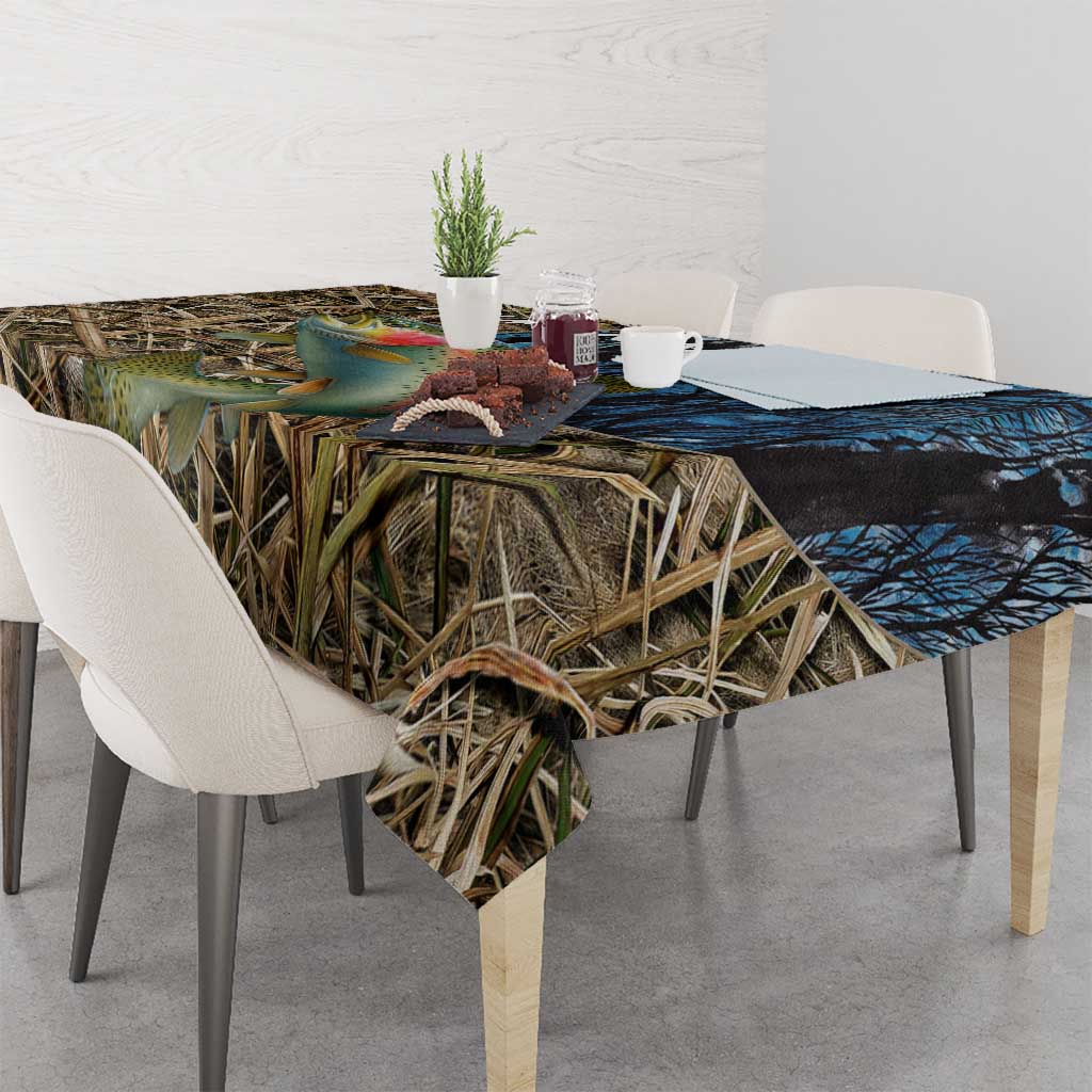 Rainbow Trout Fishing Tablecloth with Camouflage Reeds and Forest Background in Nature-Inspired Colors - Wonder Print Shop