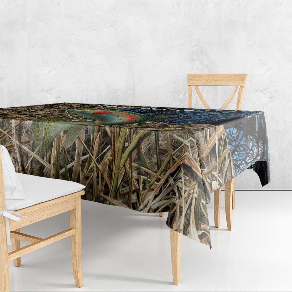 Rainbow Trout Fishing Tablecloth with Camouflage Reeds and Forest Background in Nature-Inspired Colors - Wonder Print Shop