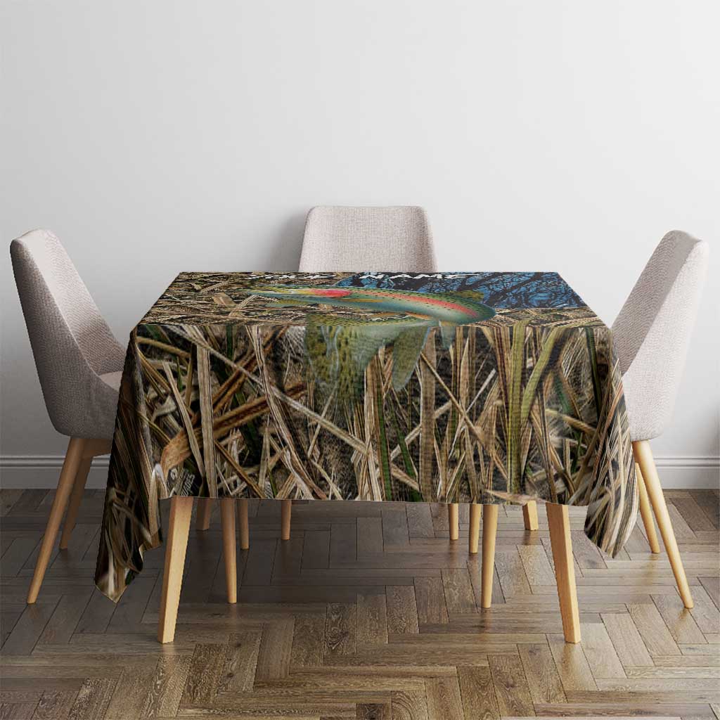 Rainbow Trout Fishing Tablecloth with Camouflage Reeds and Forest Background in Nature-Inspired Colors - Wonder Print Shop