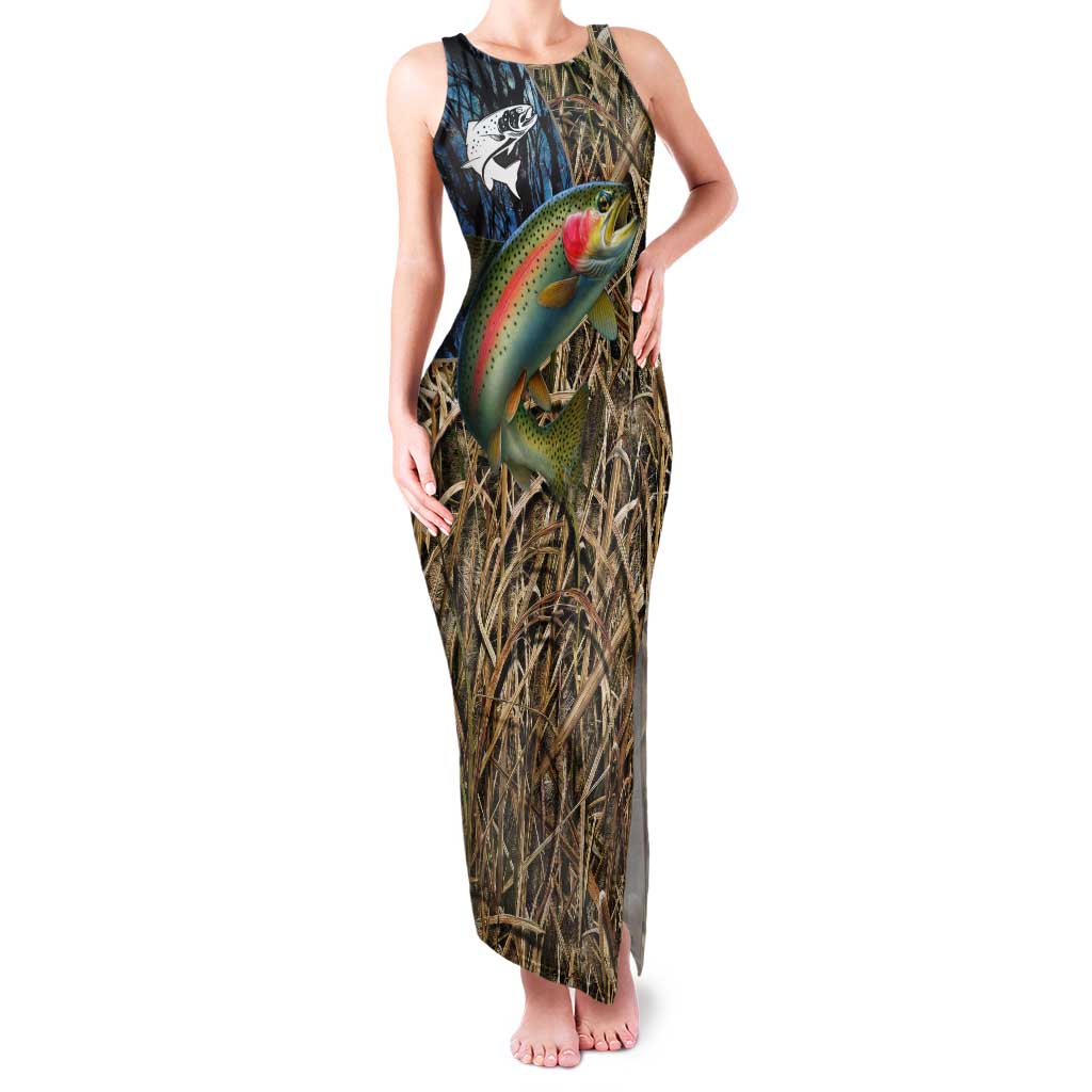 Rainbow Trout Fishing Tank Maxi Dress with Camouflage Reeds and Forest Background in Nature-Inspired Colors - Wonder Print Shop