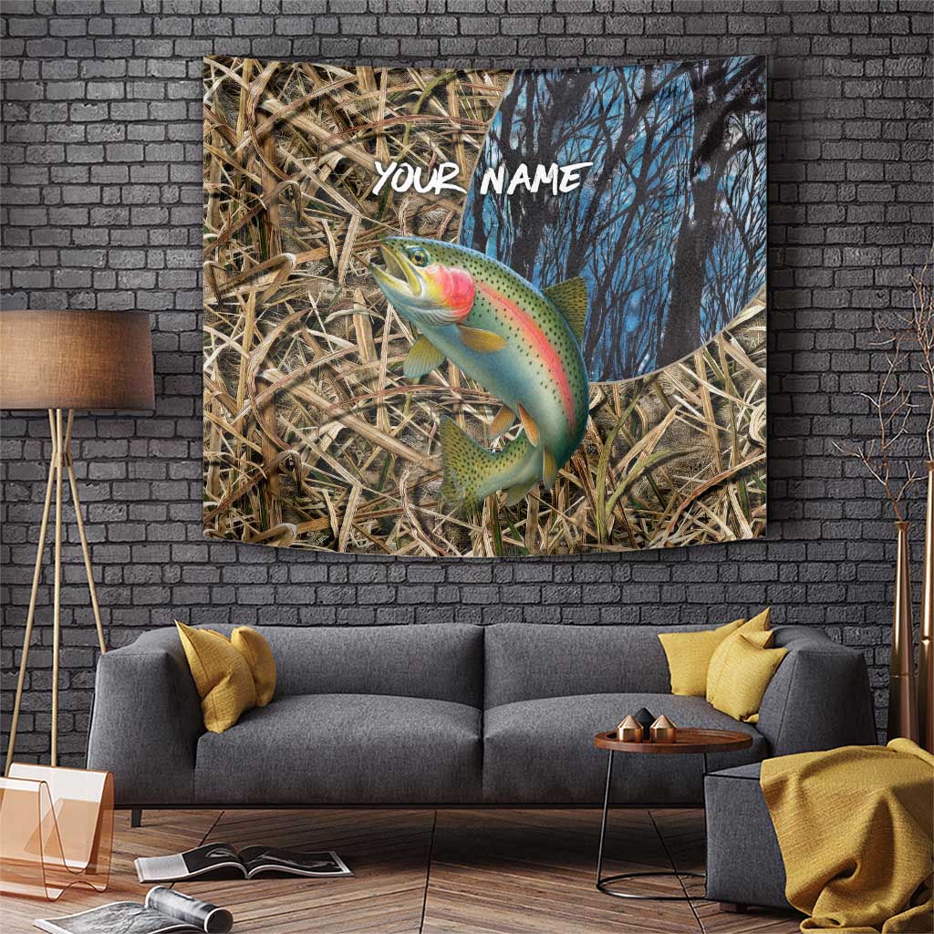 Rainbow Trout Fishing Tapestry with Camouflage Reeds and Forest Background in Nature-Inspired Colors - Wonder Print Shop