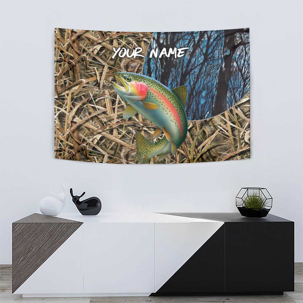 Rainbow Trout Fishing Tapestry with Camouflage Reeds and Forest Background in Nature-Inspired Colors - Wonder Print Shop