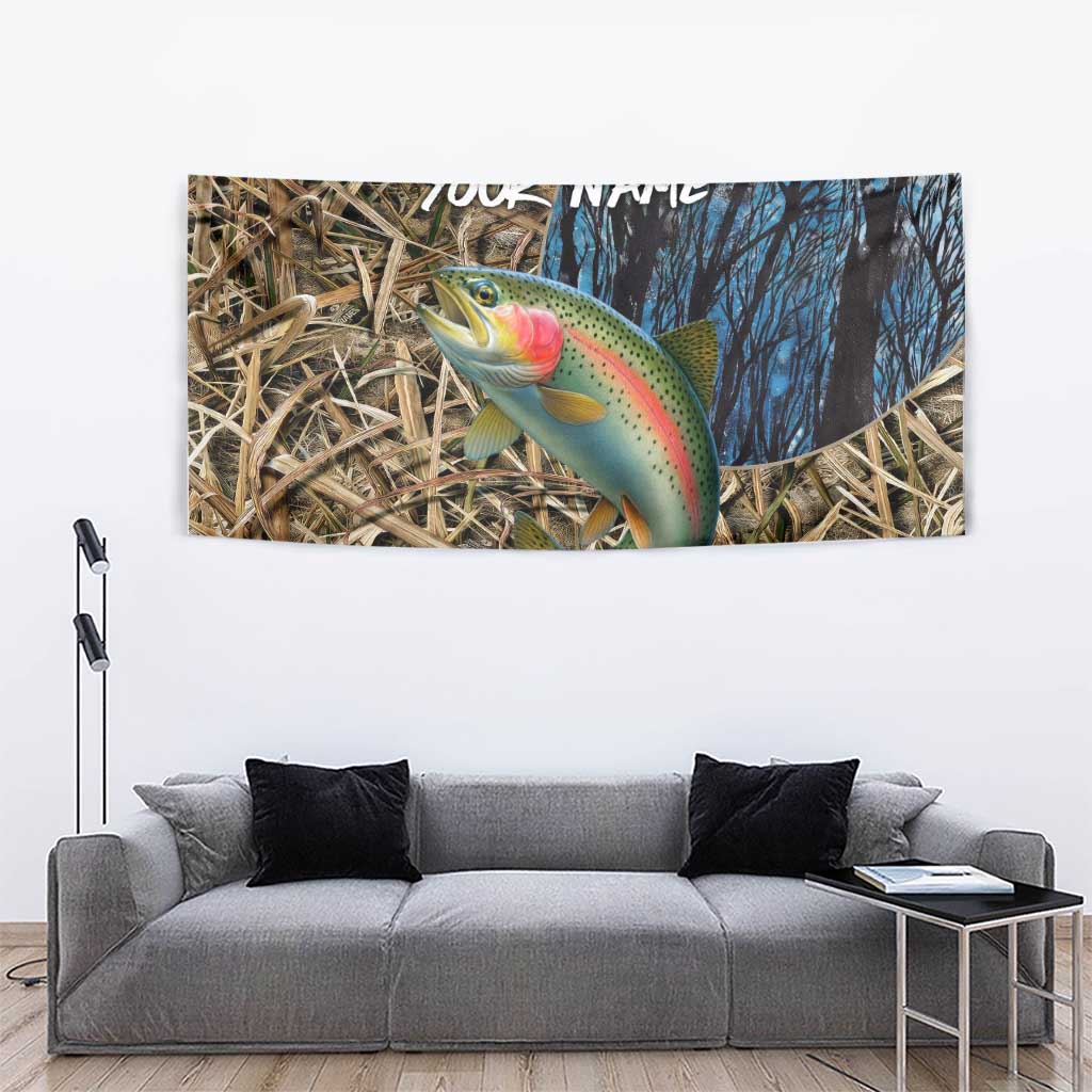 Rainbow Trout Fishing Tapestry with Camouflage Reeds and Forest Background in Nature-Inspired Colors - Wonder Print Shop