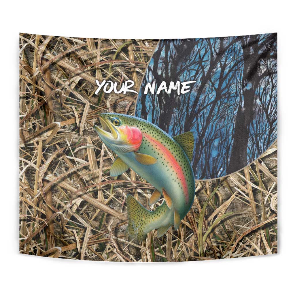 Rainbow Trout Fishing Tapestry with Camouflage Reeds and Forest Background in Nature-Inspired Colors - Wonder Print Shop