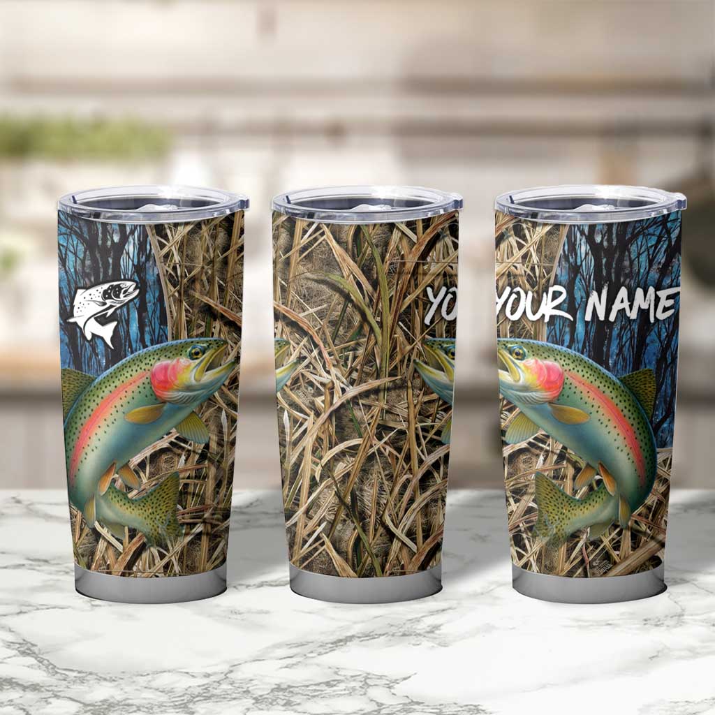 Rainbow Trout Fishing Tumbler Cup with Camouflage Reeds and Forest Background in Nature-Inspired Colors - Wonder Print Shop