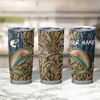 Rainbow Trout Fishing Tumbler Cup with Camouflage Reeds and Forest Background in Nature-Inspired Colors - Wonder Print Shop