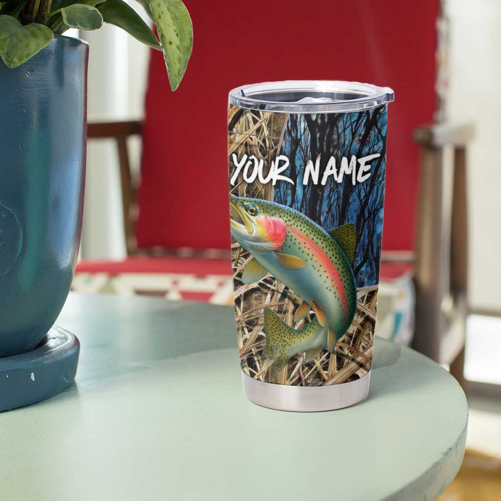 Rainbow Trout Fishing Tumbler Cup with Camouflage Reeds and Forest Background in Nature-Inspired Colors - Wonder Print Shop