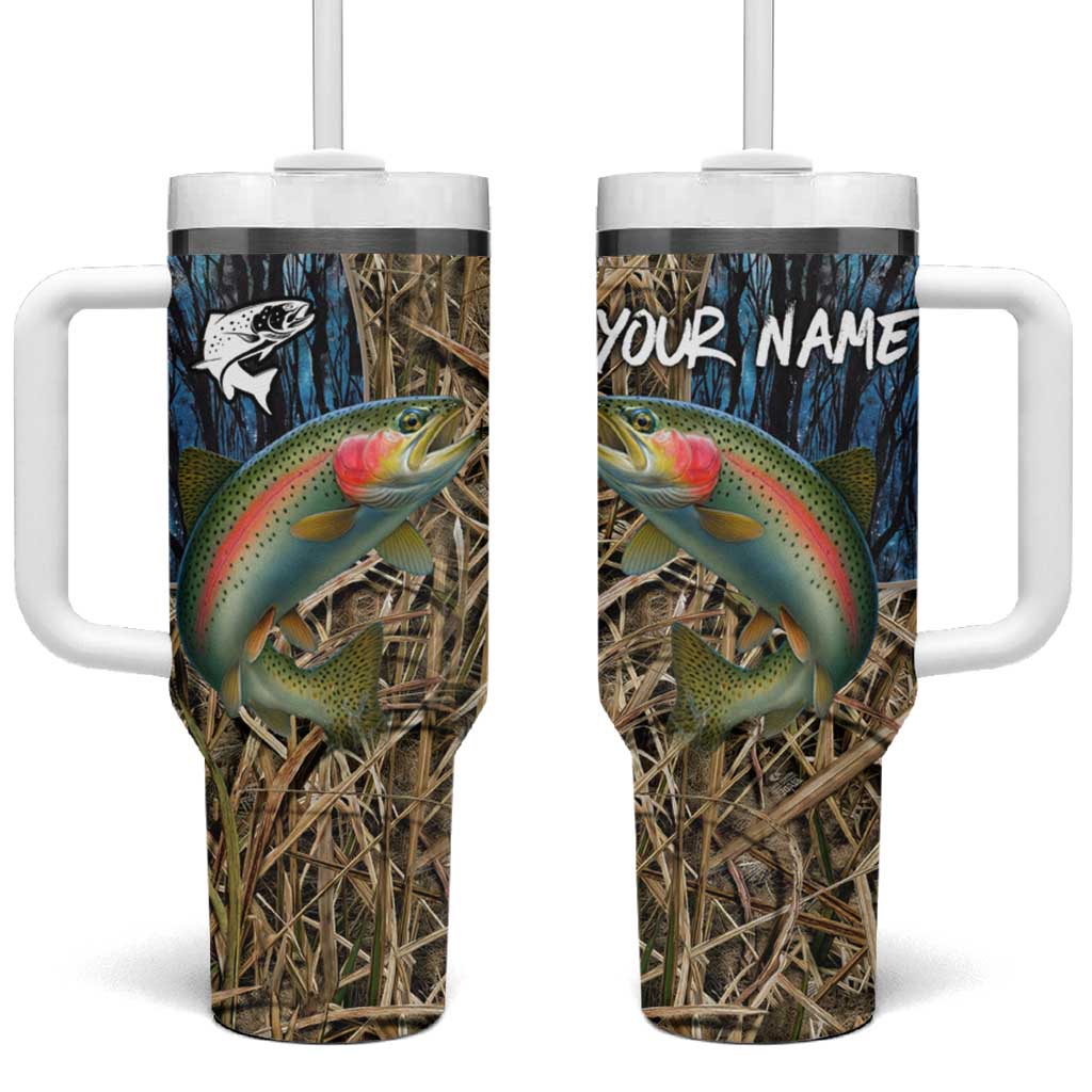 Rainbow Trout Fishing Tumbler With Handle with Camouflage Reeds and Forest Background in Nature-Inspired Colors - Wonder Print Shop