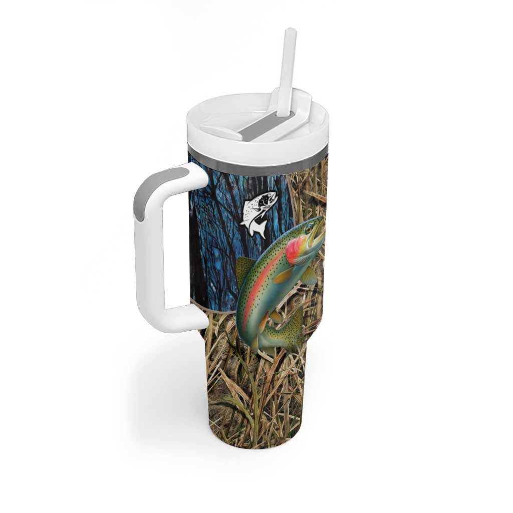 Rainbow Trout Fishing Tumbler With Handle with Camouflage Reeds and Forest Background in Nature-Inspired Colors - Wonder Print Shop