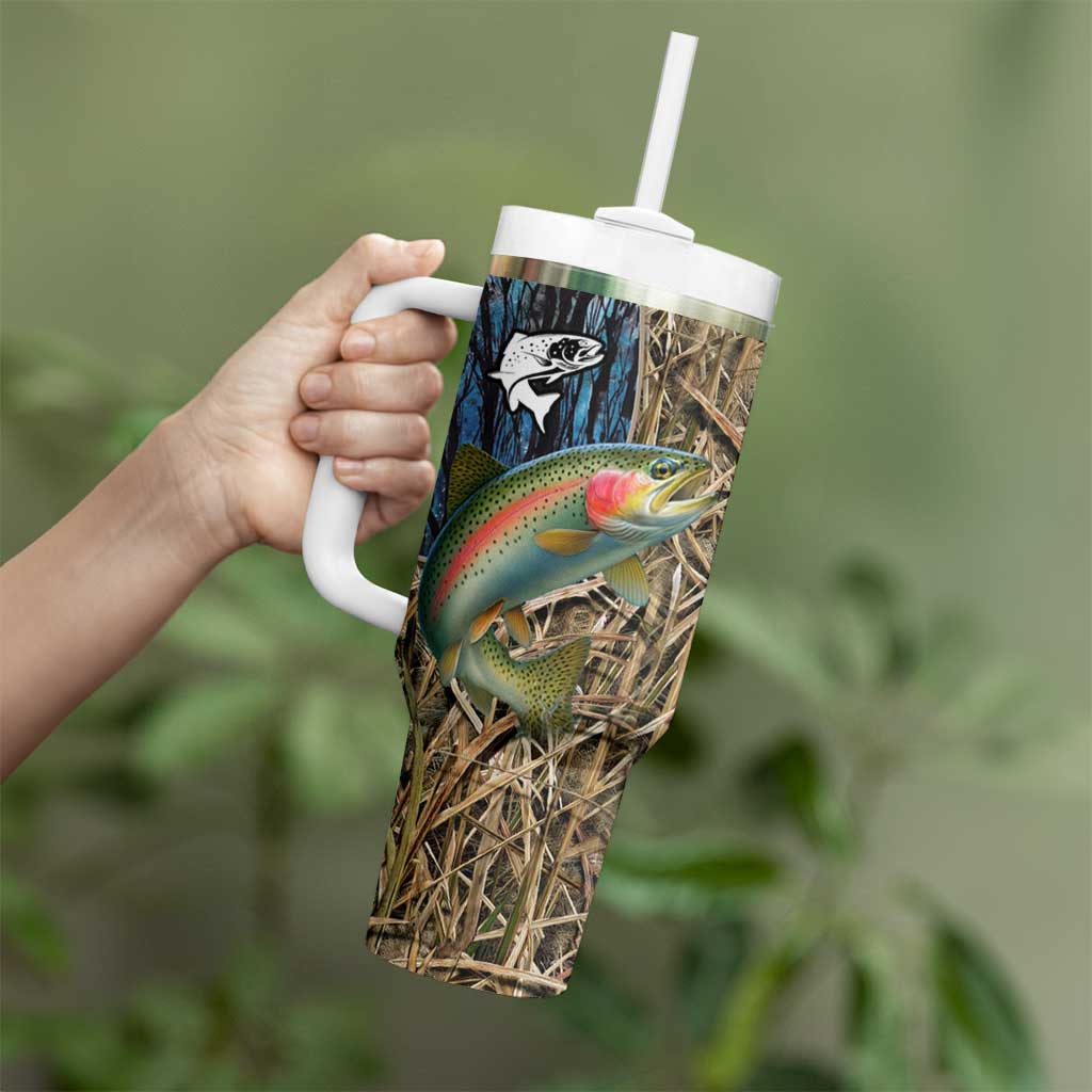 Rainbow Trout Fishing Tumbler With Handle with Camouflage Reeds and Forest Background in Nature-Inspired Colors - Wonder Print Shop