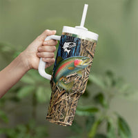 Rainbow Trout Fishing Tumbler With Handle with Camouflage Reeds and Forest Background in Nature-Inspired Colors - Wonder Print Shop