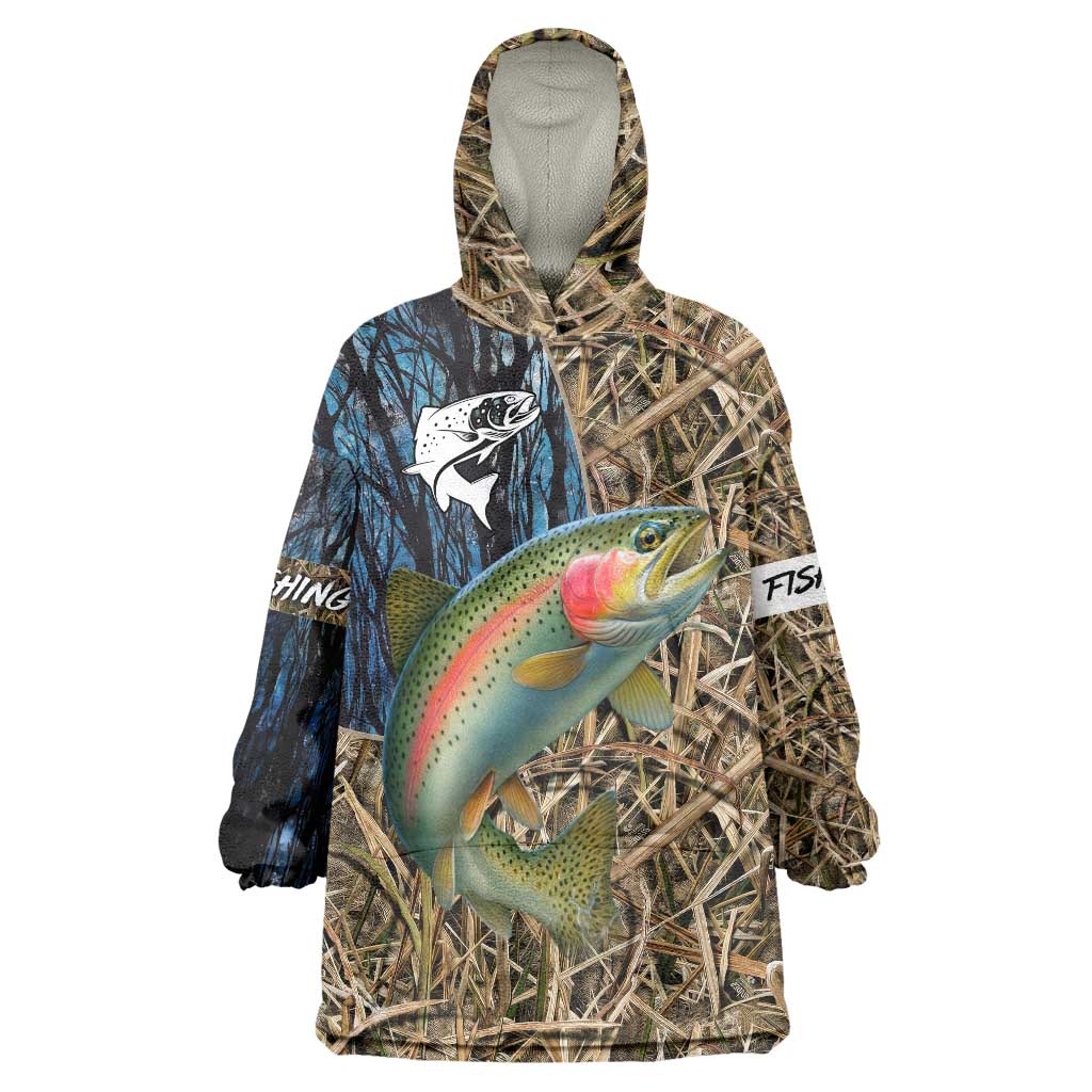 Rainbow Trout Fishing Wearable Blanket Hoodie with Camouflage Reeds and Forest Background in Nature-Inspired Colors - Wonder Print Shop