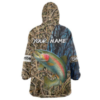 Rainbow Trout Fishing Wearable Blanket Hoodie with Camouflage Reeds and Forest Background in Nature-Inspired Colors - Wonder Print Shop