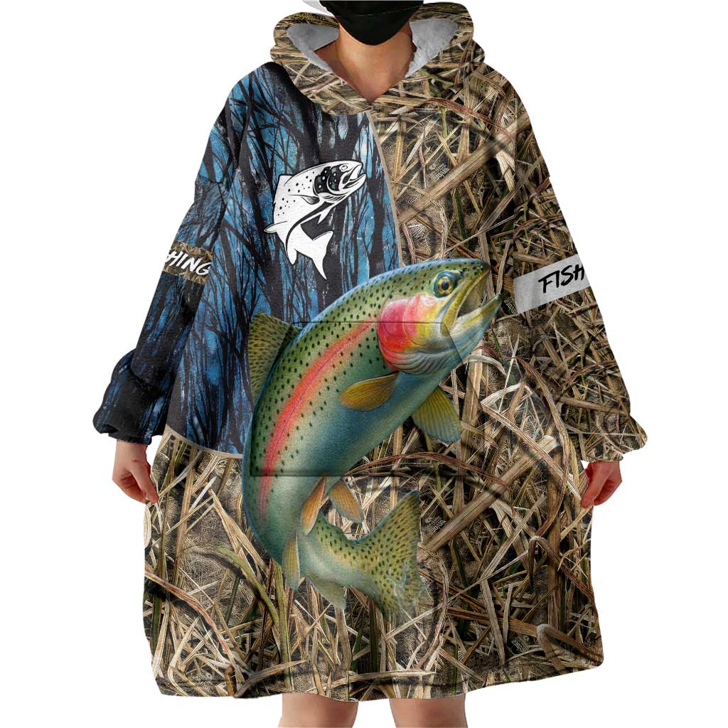 Rainbow Trout Fishing Wearable Blanket Hoodie with Camouflage Reeds and Forest Background in Nature-Inspired Colors - Wonder Print Shop