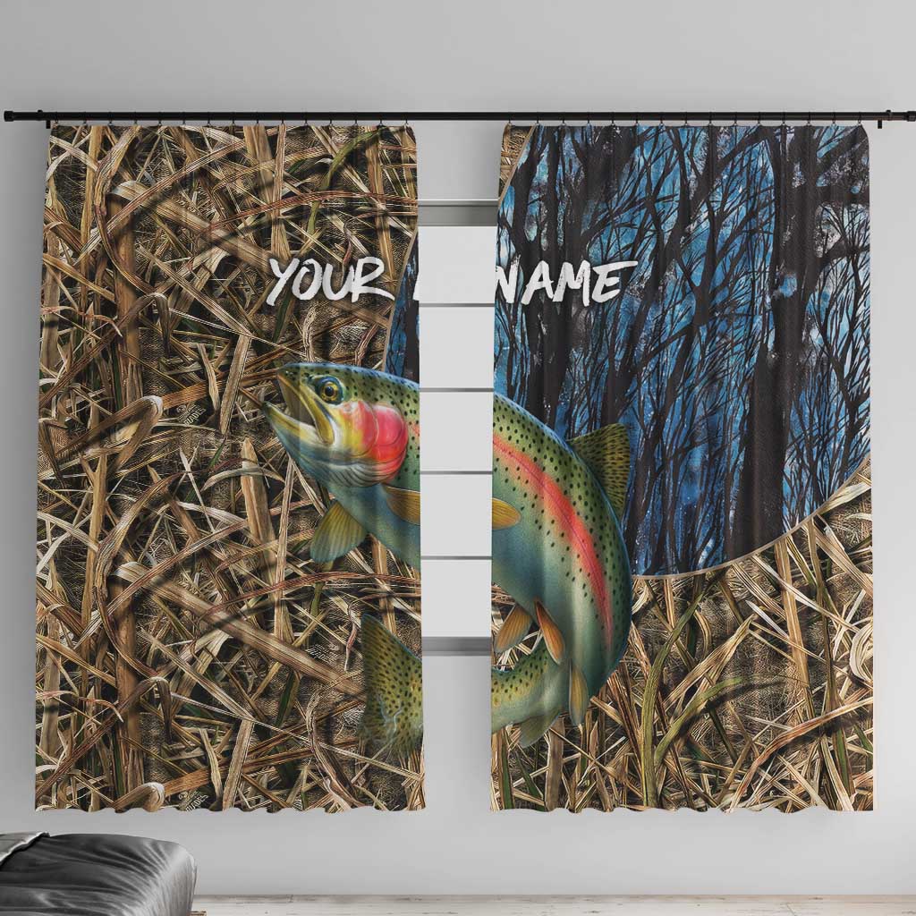 Rainbow Trout Fishing Window Curtain with Camouflage Reeds and Forest Background in Nature-Inspired Colors - Wonder Print Shop