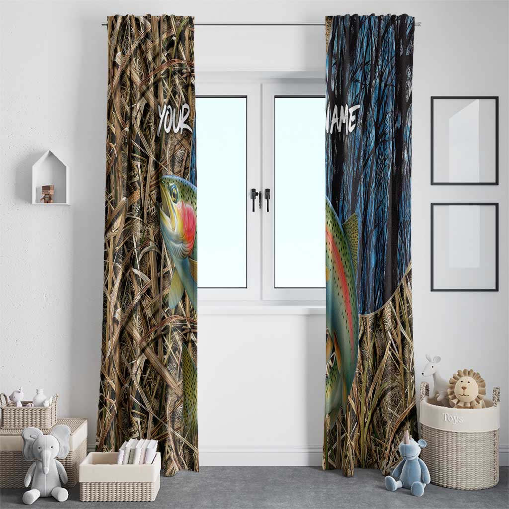 Rainbow Trout Fishing Window Curtain with Camouflage Reeds and Forest Background in Nature-Inspired Colors - Wonder Print Shop