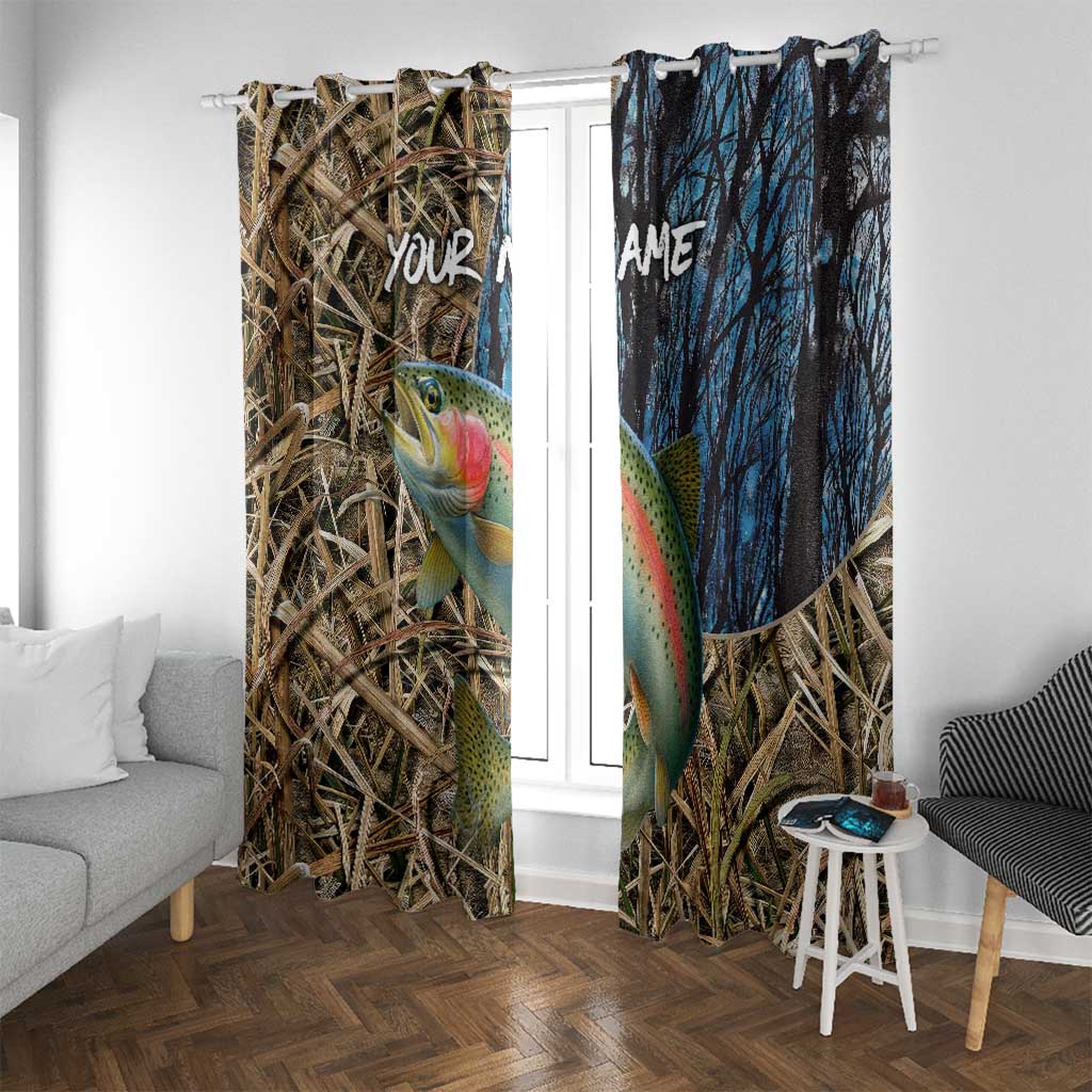 Rainbow Trout Fishing Window Curtain with Camouflage Reeds and Forest Background in Nature-Inspired Colors - Wonder Print Shop