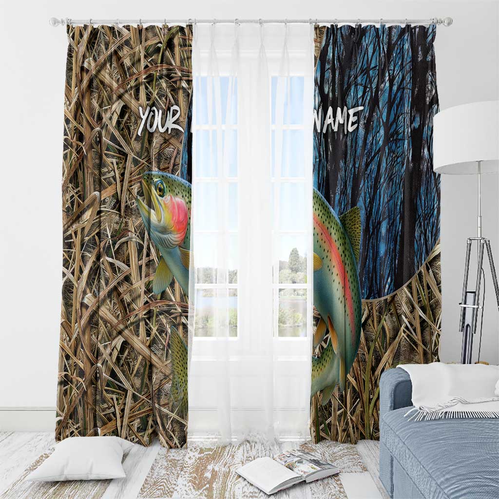 Rainbow Trout Fishing Window Curtain with Camouflage Reeds and Forest Background in Nature-Inspired Colors - Wonder Print Shop