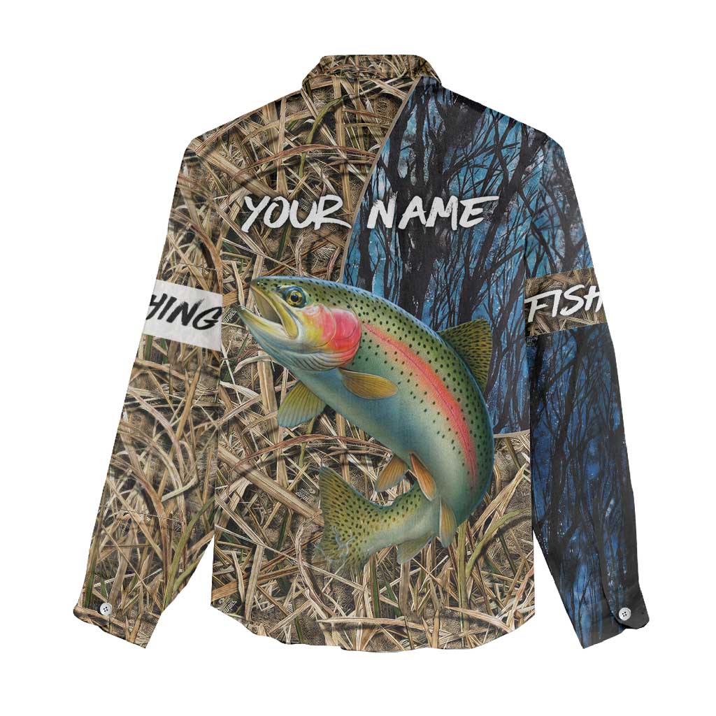 Rainbow Trout Fishing Women Casual Shirt with Camouflage Reeds and Forest Background in Nature-Inspired Colors - Wonder Print Shop
