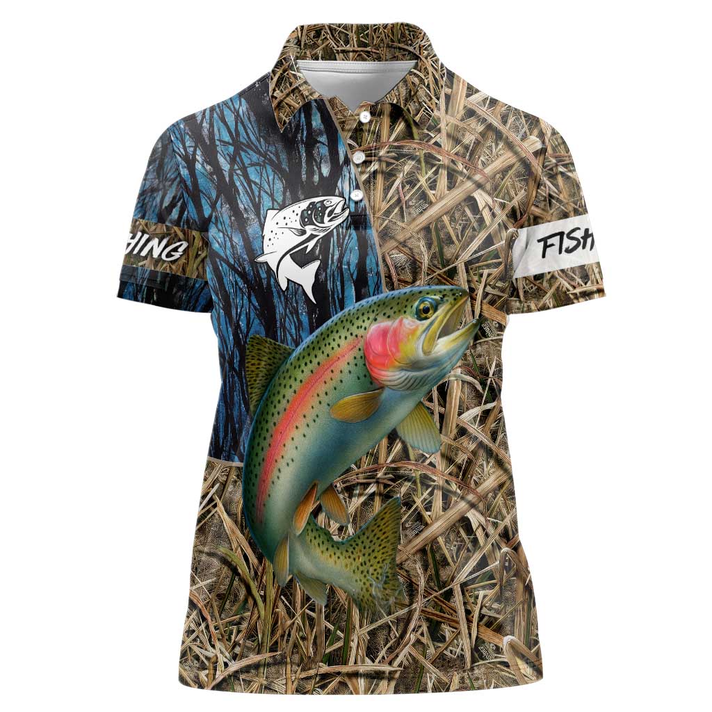 Rainbow Trout Fishing Women Polo Shirt with Camouflage Reeds and Forest Background in Nature-Inspired Colors - Wonder Print Shop
