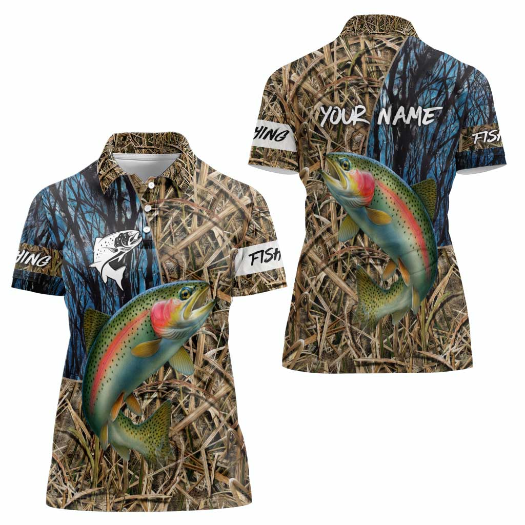 Rainbow Trout Fishing Women Polo Shirt with Camouflage Reeds and Forest Background in Nature-Inspired Colors - Wonder Print Shop