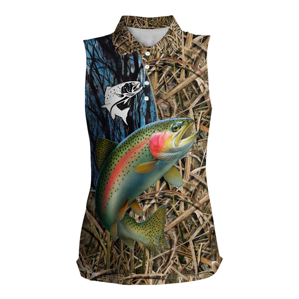 Rainbow Trout Fishing Women Sleeveless Polo Shirt with Camouflage Reeds and Forest Background in Nature-Inspired Colors - Wonder Print Shop