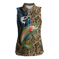 Rainbow Trout Fishing Women Sleeveless Polo Shirt with Camouflage Reeds and Forest Background in Nature-Inspired Colors - Wonder Print Shop