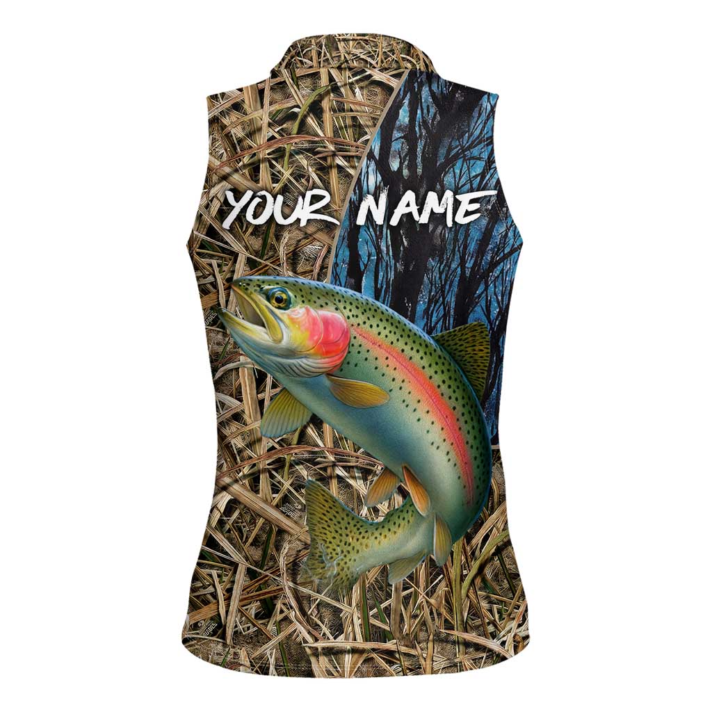 Rainbow Trout Fishing Women Sleeveless Polo Shirt with Camouflage Reeds and Forest Background in Nature-Inspired Colors - Wonder Print Shop